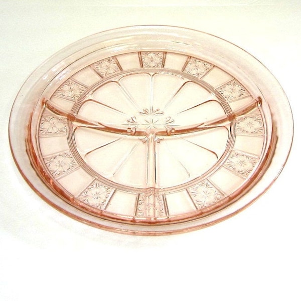 Jeanette Pink Depression Glass Divided Plate Doric Pattern 1930's Pink Divided Dish