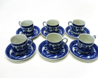 Set of 6 Blue Willow Demitasse Cups and Saucers with Empress, Mid Century Willow Ware