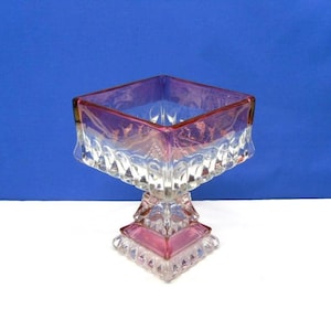 May include: A clear glass pedestal bowl with a square top and a pink and purple iridescent rim. The bowl has a faceted design and a square base. The background is a solid blue.