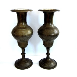 Etched Floral Brass Vases - Urn Shaped - Made in India - Set of 2