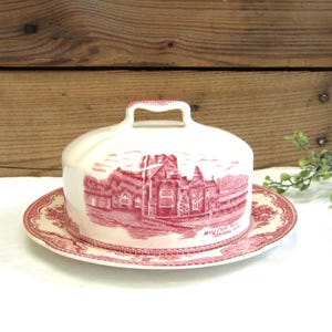 Rare Johnson Bros Round Covered Butter Dish in Pink: Old Britain Castles, Crown Mark