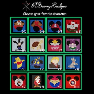 May include: A grid of 16 colorful embroidered patches featuring various Disney characters, including Mickey Mouse, Winnie the Pooh, and a turtle. The patches are numbered 65 through 80.