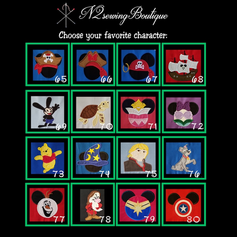 May include: A grid of 16 colorful embroidered patches featuring various Disney characters, including Mickey Mouse, Winnie the Pooh, and a turtle. The patches are numbered 65 through 80.