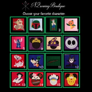 May include: A grid of 16 colorful squares, each containing an embroidered character. The characters include Stitch, Mickey Mouse, Jack Skellington, and more. The squares are numbered 1 through 16.