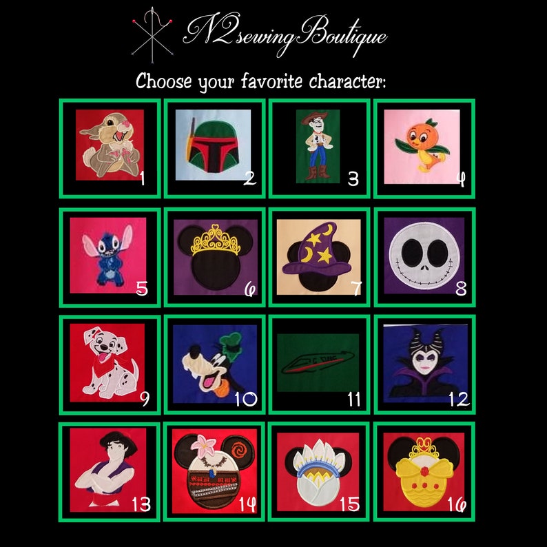 May include: A grid of 16 colorful squares, each containing an embroidered character. The characters include Stitch, Mickey Mouse, Jack Skellington, and more. The squares are numbered 1 through 16.