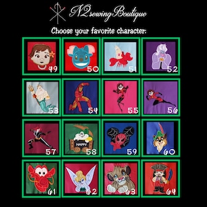 May include: A grid of 16 colorful squares, each featuring a different embroidered character from popular Disney and Marvel movies. The squares are numbered from 49 to 64. The text "N2 Sewing Boutique" and "Choose your favorite character" is at the top of the image.