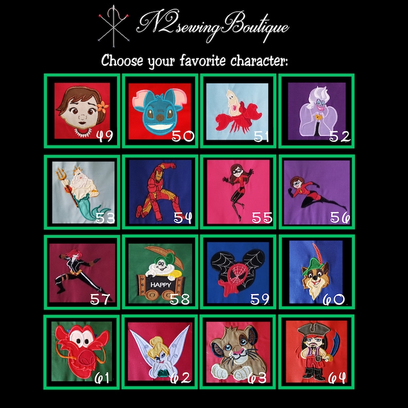 May include: A grid of 16 colorful squares, each featuring a different embroidered character from popular Disney and Marvel movies. The squares are numbered from 49 to 64. The text "N2 Sewing Boutique" and "Choose your favorite character" is at the top of the image.