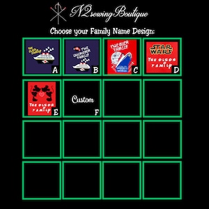May include: A grid of nine squares with green borders, each containing a different design for a family name. The designs include a cruise ship, a Star Wars themed design, and a Mickey Mouse design. The text "Choose your Family Name Design" is at the top of the grid.