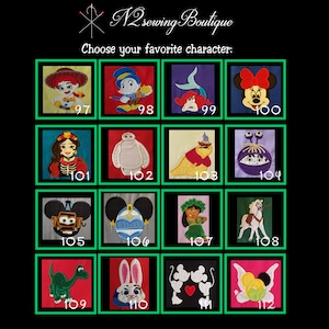 May include: A grid of 12 colorful squares, each featuring a different cartoon character. The characters include Mickey Mouse, Woody from Toy Story, Ariel from The Little Mermaid, and more. The squares are numbered from 97 to 112.