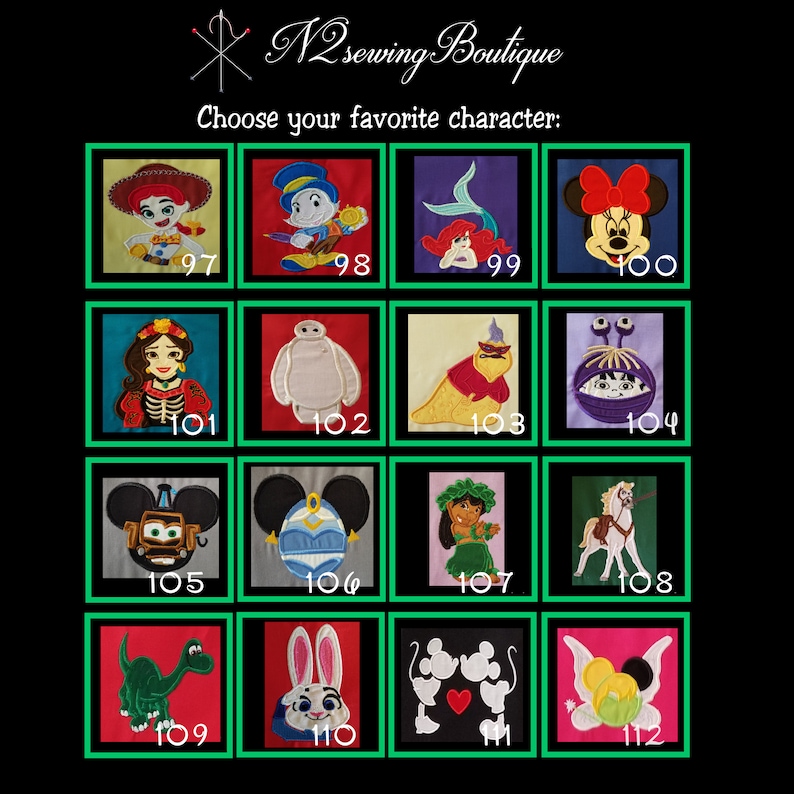 May include: A grid of 12 colorful squares, each featuring a different cartoon character. The characters include Mickey Mouse, Woody from Toy Story, Ariel from The Little Mermaid, and more. The squares are numbered from 97 to 112.