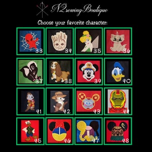 May include: A grid of 16 colorful squares, each featuring a different cartoon character. The squares are numbered from 33 to 48. The text "N2sewing Boutique" and "Choose your favorite character" is at the top of the image.