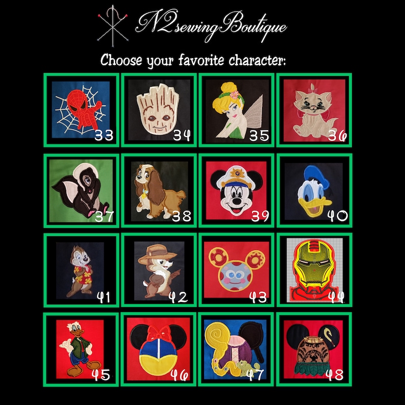 May include: A grid of 16 colorful squares, each featuring a different cartoon character. The squares are numbered from 33 to 48. The text "N2sewing Boutique" and "Choose your favorite character" is at the top of the image.
