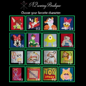 May include: A grid of 16 colorful squares, each featuring a different cartoon character. The characters include Mickey Mouse, Tigger, a monster, a dog, and more. The squares are numbered 81 through 96.