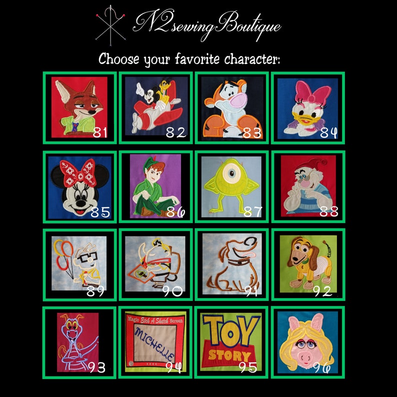 May include: A grid of 16 colorful squares, each featuring a different cartoon character. The characters include Mickey Mouse, Tigger, a monster, a dog, and more. The squares are numbered 81 through 96.