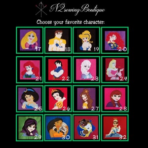 May include: A grid of 16 colorful squares, each featuring a different Disney princess or prince character. The squares are numbered 17 through 32. The text "N2 Sewing Boutique" and "Choose your favorite character" is at the top of the image.