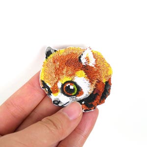 Könnte beinhalten: Gestickter Bügel-Patch mit einem Roten Panda mit weißem Gesicht und großen Augen. Der Rote Panda ist zu einer Kugel zusammengerollt, mit seinem Schwanz um seinen Körper gewickelt.