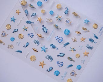 Summer Beach Nail Stickers, Ocean Sea Shell Starfish Nail Decals, Seahorse Marine Nail Art Stickers, Cute Vacation Nail Designs