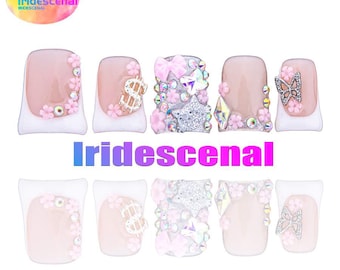 Uñas postizas con diseño de flores rosas – Set acrílico estilo pico de pato con efecto degradado Y2K