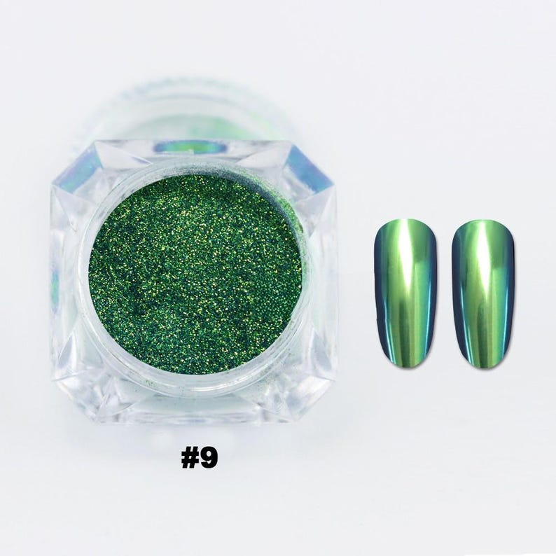 May include: A clear, faceted jar filled with sparkling green nail powder, next to two green chrome nail swatches. The number "#9" is printed in black at the bottom of the image. The nail powder and swatches have a metallic finish.
