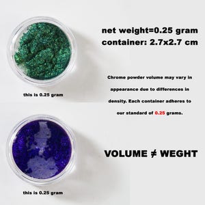 May include: Two small, clear containers filled with chrome powder. One contains green powder, the other blue. Text indicates each container holds 0.25 grams. The container size is 2.7 x 2.7 cm. Text also states that volume does not equal weight.