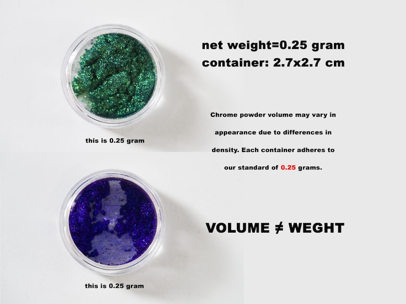 May include: Two small, clear containers filled with chrome powder. One contains green powder, the other blue. Text indicates each container holds 0.25 grams. The container size is 2.7 x 2.7 cm. Text also states that volume does not equal weight.