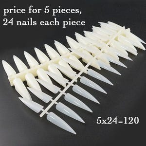 以下が含まれることがあります： 白く尖ったつけ爪が並んだ画像です。「price for 5 pieces, 24 nails each piece」と「5x24=120」の文字が含まれています。爪は暗い表面に表示されています。