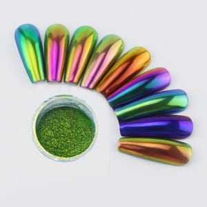 May include: A collection of iridescent nail tips in a spectrum of colours, including green, pink, orange, and purple, arranged in an arc. A small jar of green glitter sits below the tips, suggesting a nail art theme.