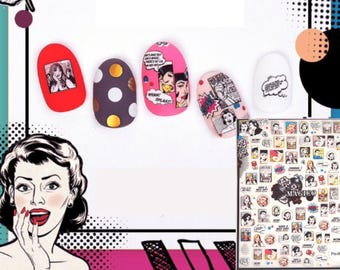 Comic Pop Art Nail Stickers | Retro Cartoon Nail Decals | Vintage Girl Nail Art | DIY Kawaii Manicure Accessories