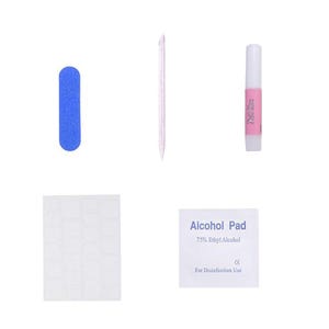 May include: A nail care kit with a blue nail file, a cuticle pusher, a tube of nail glue, a sheet of adhesive tabs, and an alcohol pad. The alcohol pad is labeled "75% Ethyl Alcohol".