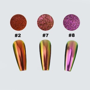 May include: Three nail art products are shown. The top row has three circular glitter pots in red-brown, pink-brown, and purple. Below are three iridescent nail tips with a metallic finish. Each item is labelled with a number against a light grey background.