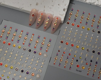 3D Embossed Celestial Nail Stickers • Sun Moon Star Rhinestone Nail Art Decals • Gold Line Cosmic DIY Manicure Stickers
