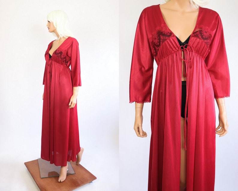 70s Robe Nylon Berry Red Merlot Deep V Loungewear Boho Etsy