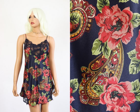 Vintage 80s SATIN Tropical womens slip dress neglige lingerie floral animal print small petite xs 90s Victorias secret spring fredericks 70s