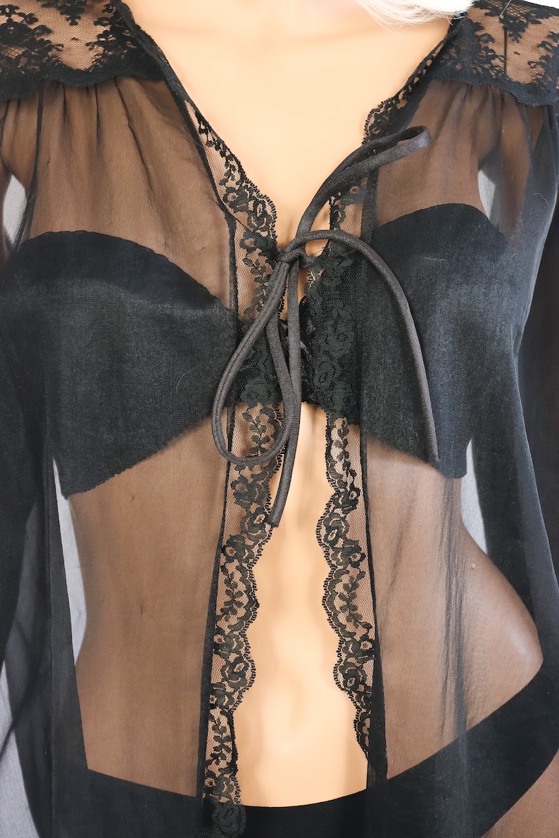 Black Sheer Chiffon Nightie Jacket Babydoll Negligee 70s Lingerie Boudoir 1970s Nightgown Lace Robe Shirt Top Goth Dolly Boho Pinup S M L