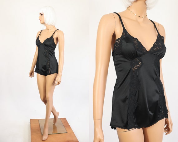 Nylon Teddy Black Onesie Nightie 20s Flapper 1970s