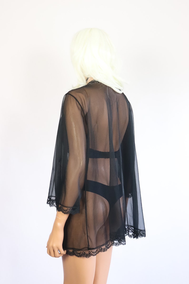 Black Sheer Chiffon Nightie Jacket Babydoll Negligee 70s Lingerie Boudoir 1970s Nightgown Lace Robe Shirt Top Goth Dolly Boho Pinup S M L