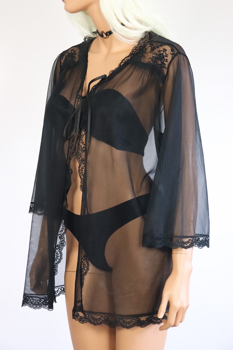Black Sheer Chiffon Nightie Jacket Babydoll Negligee 70s Lingerie Boudoir 1970s Nightgown Lace Robe Shirt Top Goth Dolly Boho Pinup S M L
