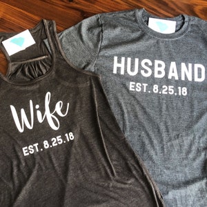 Newlywed Shirt Set- Husband- Wife- Husband and Wife Shirts- Honeymoon Shirts- Wedding Date- Personalized Newlywed Shirts