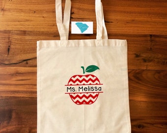 Personalized Teacher Apple Tote Bag- teacher gift - Personalized Canvas Bag- Resuable Bag- Resuable Tote- Chevron apple - Personalize Me