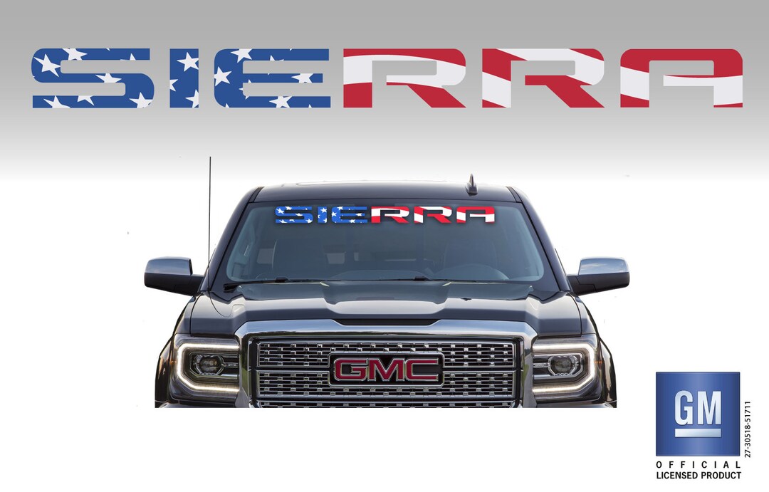 GMC SIERRA Windshield American Flag Banner 36 X 3.75 Decal Sticker White GM Official Licensed