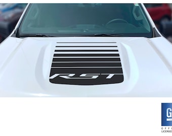 May include: Black and white hood decal with the word "RST" in white lettering. The decal is designed for a vehicle hood and features a series of black stripes.