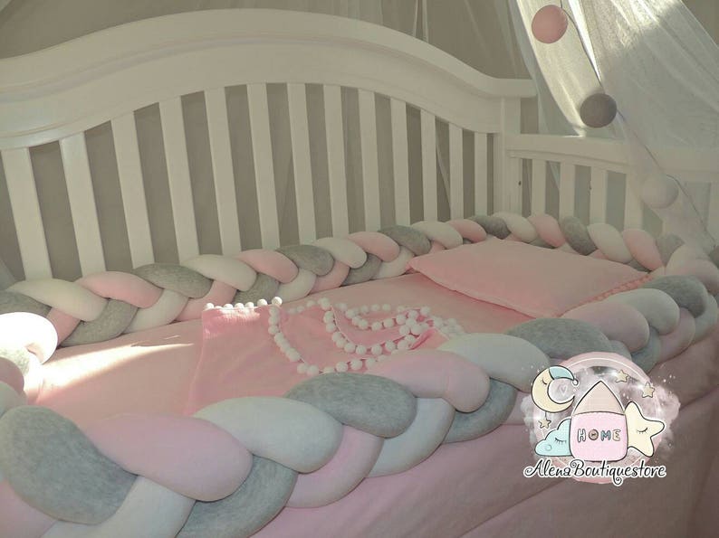 Made In Usa Braided Crib Bumper Pink Grey White Black Grey Etsy