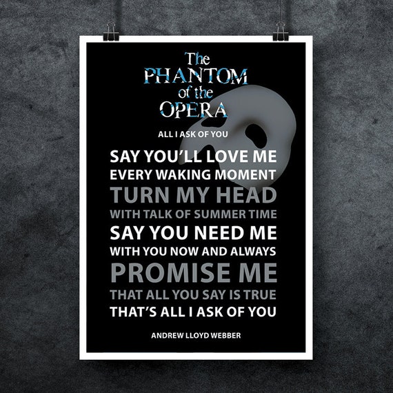 Andrew Lloyd Webber Phantom Of The Opera Song Lyrics Art Print Etsy