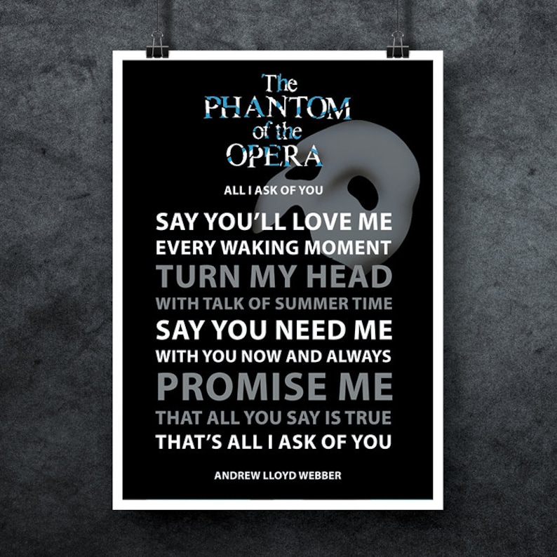 Phantom Of The Opera Theme Song Lyrics Andrew Lloyd Webber Phantom of the Opera Song Lyrics Art Print | Etsy