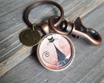 Black Cat Key Chain, Cat Lover Gift,  Cat Theme, Love Charm, Antique Copper, Quality Key Chain, Cat Jewelry, Unique Gift