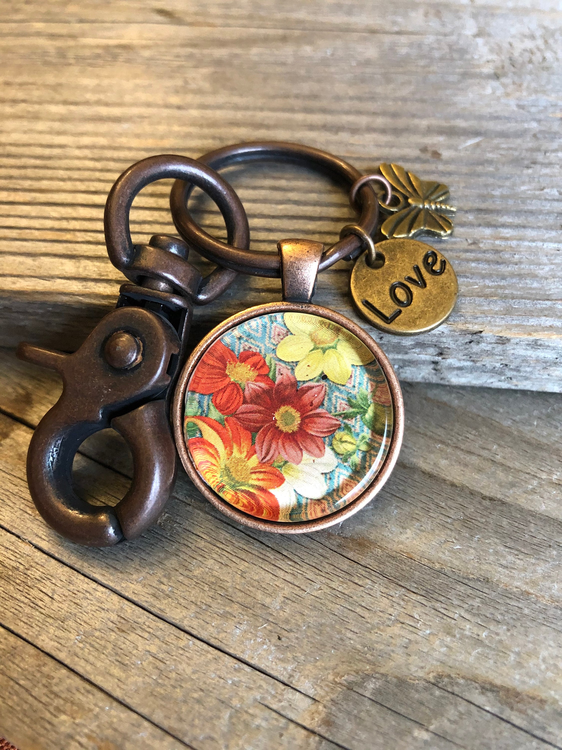 Vintage Flower Key Chain Antique Copper Key Chain Boho Etsy
