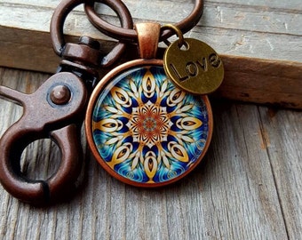 Vintage Look Aqua Design Mandala Key Chain, Mandala Key Chain, Mandala Keychain, Spiritual Key Chain, Gift for her, Yogi gift, Boho style