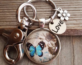 Llavero de mariposa, regalo inspirador, mariposa azul, amante de las mariposas, amuleto de amor, accesorio de mariposa, joyería para mujer, llavero de flores
