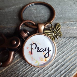 Antique Copper Pray Key Chain with Butterfly,  Butterfly Key Chain, Pray Keychain, Christian Keychain, Butterfly Charm