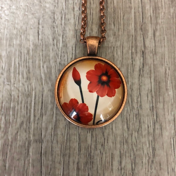 Vintage Look Red Poppies Pendant Necklace, Vintage Necklace, Necklace for Woman, Poppies Necklace, Red Flower Necklace,